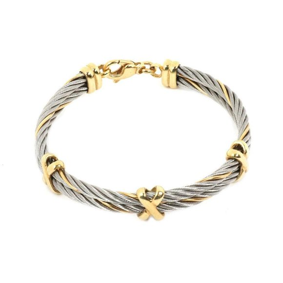 14k Gold Steel Double Cable Wire X Design Bracelet - Picture 5 of 5
